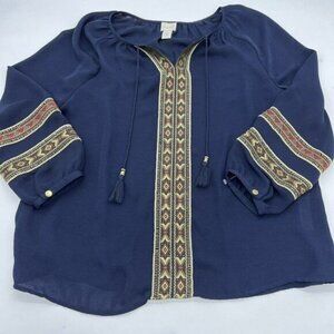 Chicos Blouse Top Women’s Size 1 Small Peasant Boho Navy Blue Gold Long Sleeve